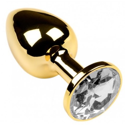 Золотая металлическая анальная пробка с прозрачным камушком M