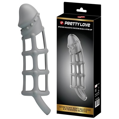 Серая силиконовая насадка Pretty Love Penis Sleeve с петлёй на мошонку 