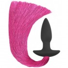 Черная анальная пробка Anal Plug with Pony Tail с малиновым хвостом