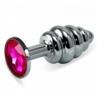 Анальная пробка из стали рифленая с кристаллом цвета фуксии Rosebud Classic S