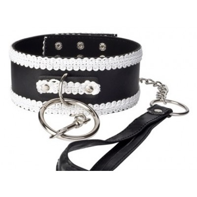 БДСМ ошейник с поводком черно-белый