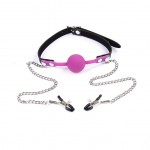 Силиконовый кляп пурпурный и зажимы для сосков